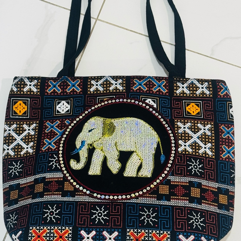 Elegant Elephant Embroidered Tote Bag